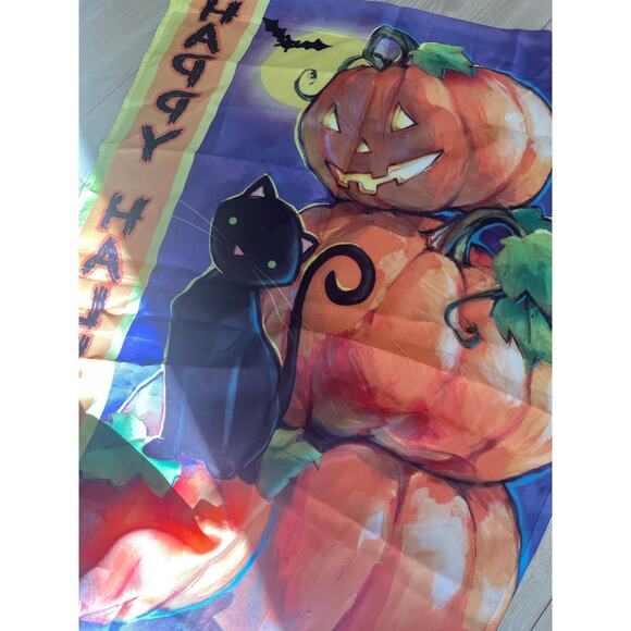 Vintage Outdoor Porch Flag Happy Halloween Pumpkin & Black Cat Jack-O-Lantern JL - Picture 6 of 7